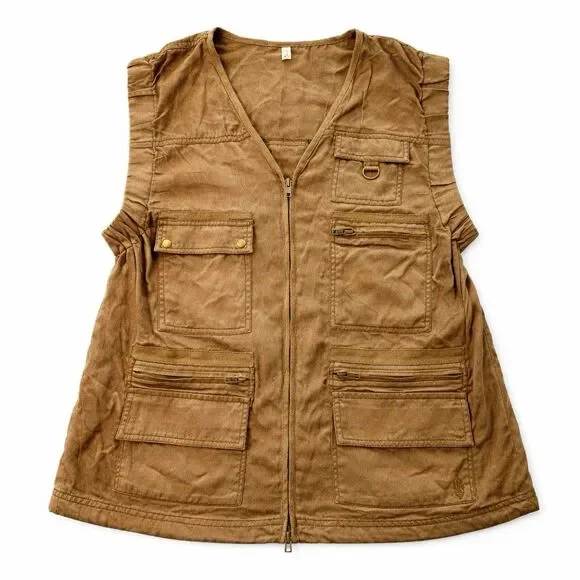 Free People Utility Cargo Vest Womens Small Tan Boho Zip Pockets Military Safari - Picture 2 of 7